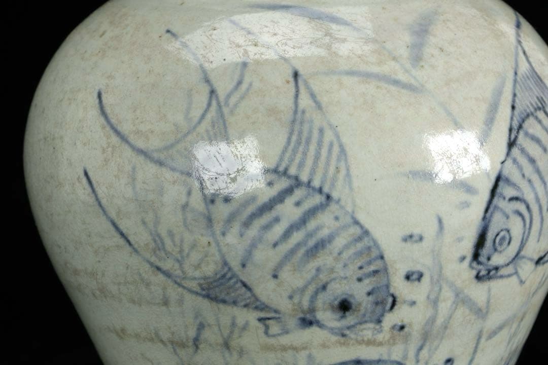 時代物 李朝 染付魚蟹海老文 壺 花瓶 箱付 白磁 青花 朝鮮古陶 唐物 骨董品