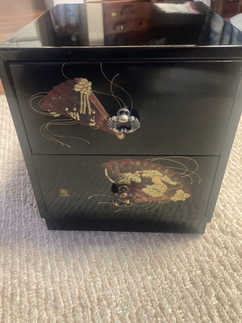 和風 漆塗り風 引き出し付き小物入れ 扇面蒔絵風 収納箱」