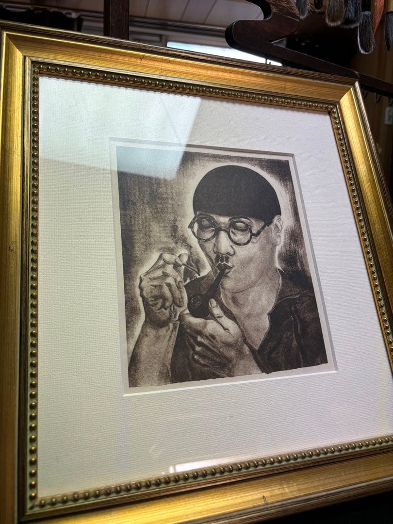 藤田嗣治　レオナールドフジタ 喫煙する自画像のリトグラフ