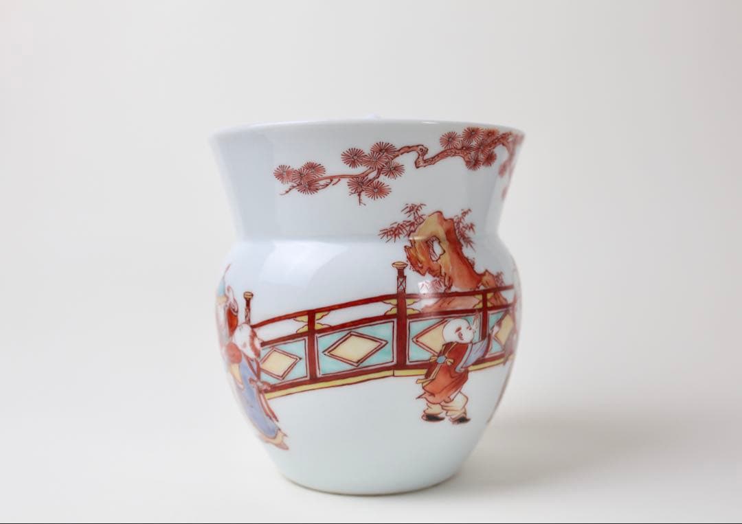 春峰 赤絵 細密唐子絵 水指 壺 茶道具 茶器