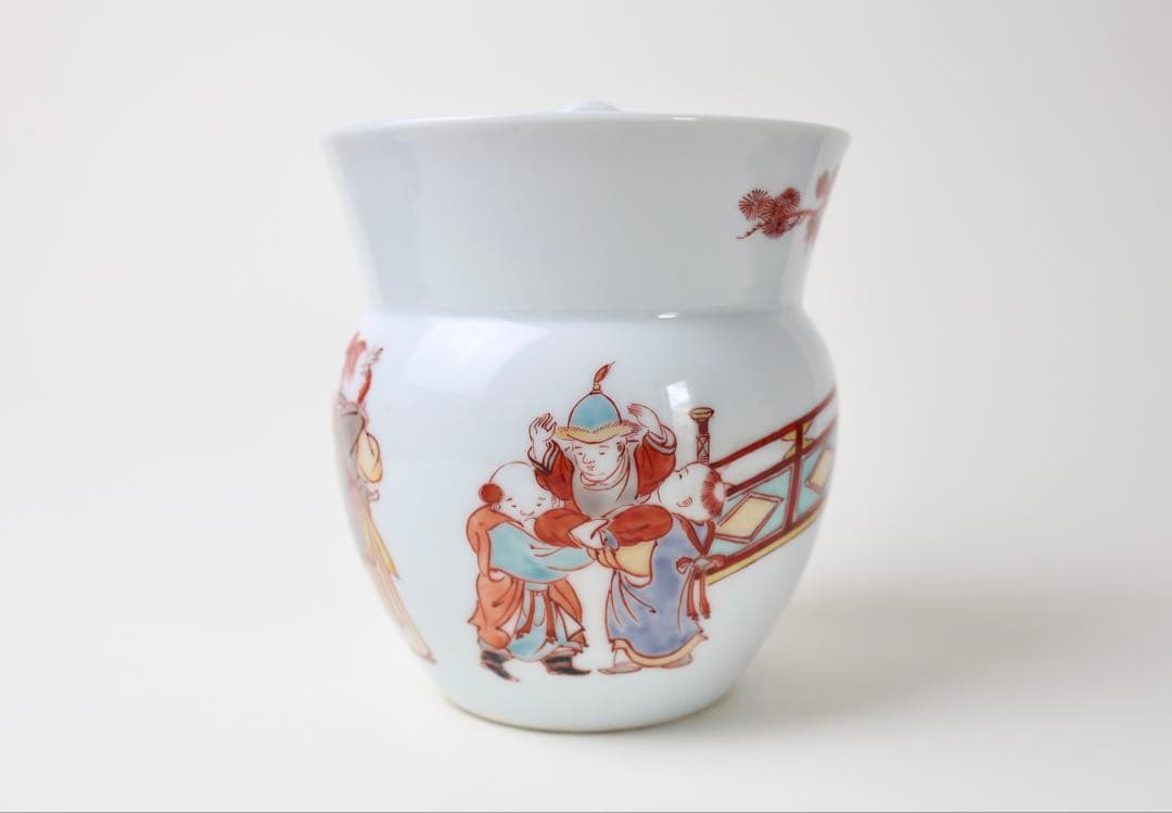 春峰 赤絵 細密唐子絵 水指 壺 茶道具 茶器