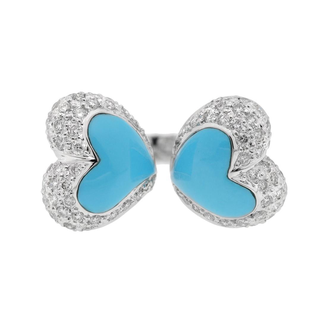 大粒ハート２つではさんだモダンリング K18WG サイズ12号