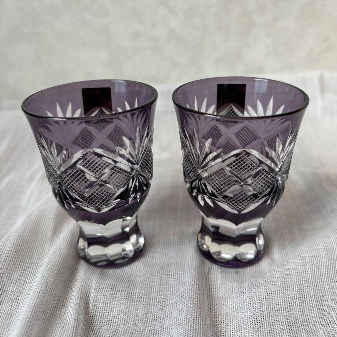 Cy24　田島硝子　江戸切子　酒杯ペア　魚子切子　江戸紫　伝統工芸　木箱付き