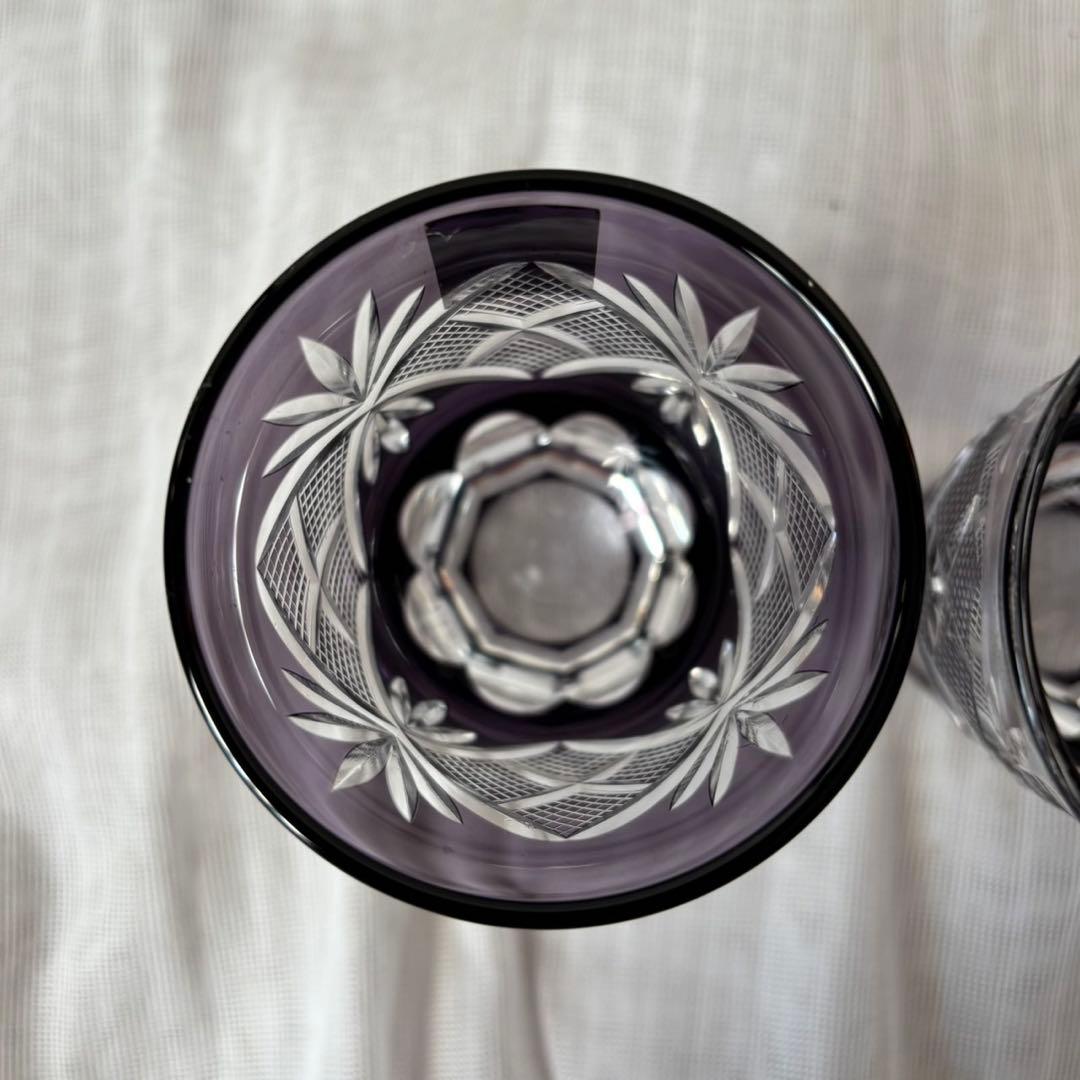 Cy24　田島硝子　江戸切子　酒杯ペア　魚子切子　江戸紫　伝統工芸　木箱付き