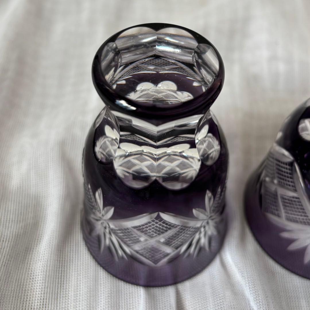 Cy24　田島硝子　江戸切子　酒杯ペア　魚子切子　江戸紫　伝統工芸　木箱付き