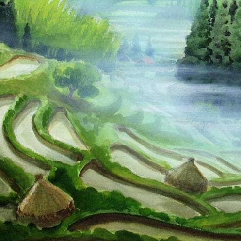 絵画「霧晴れて大山千枚田」　水彩画