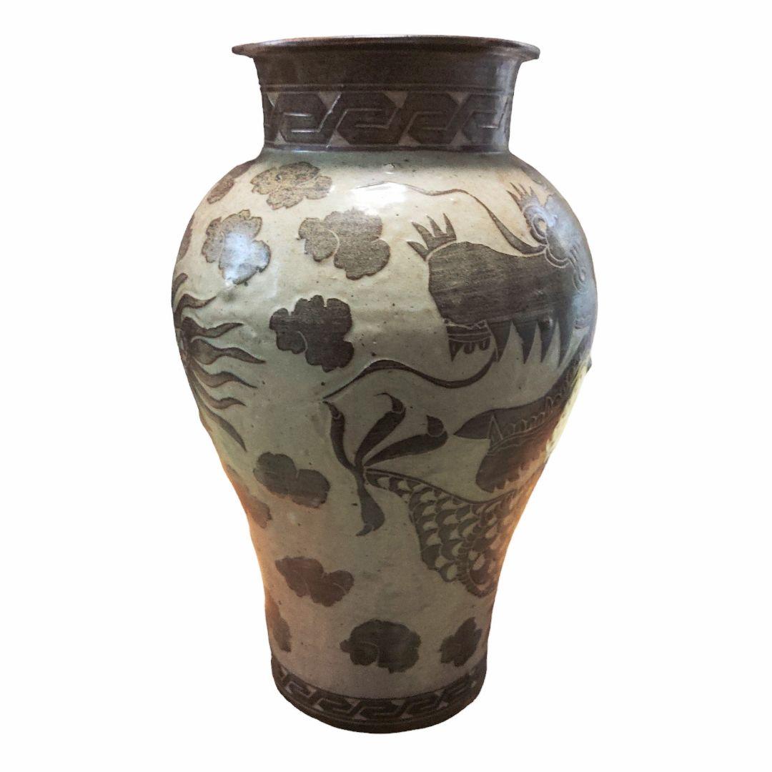 中国古玩　磁州窯雲龍文壺　花瓶　置物　時代