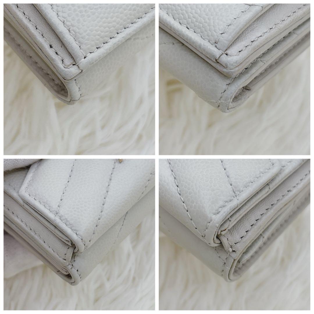 美品✨サンローラン 折り財布 キャビアスキン YSLロゴ レザー アイボリー