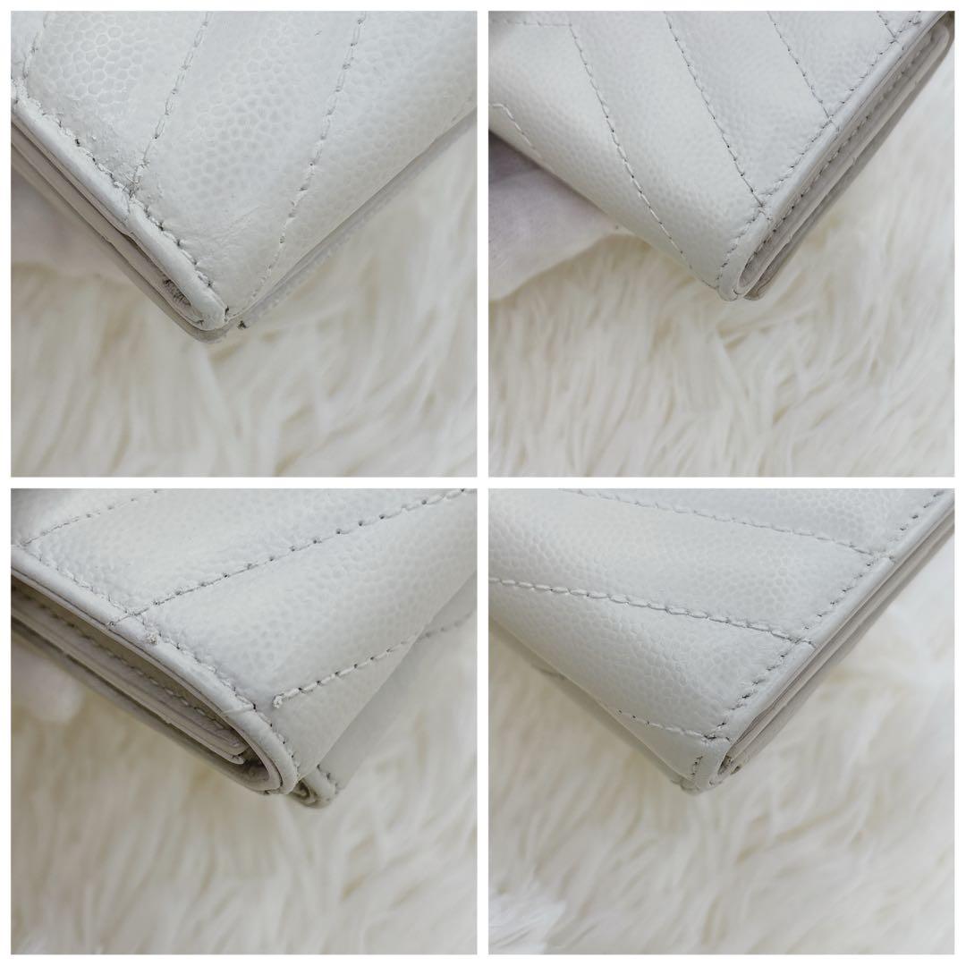 美品✨サンローラン 折り財布 キャビアスキン YSLロゴ レザー アイボリー