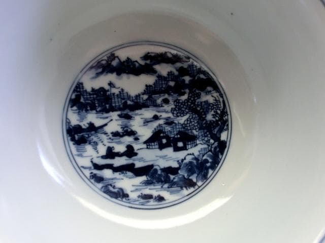 鉢■京焼手描き染付【平安 懐泉造】窓山里山水図菓子鉢 京都名工 青華 骨董品■