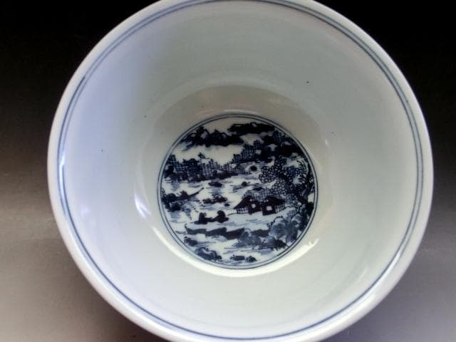 鉢■京焼手描き染付【平安 懐泉造】窓山里山水図菓子鉢 京都名工 青華 骨董品■