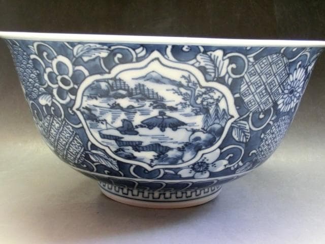 鉢■京焼手描き染付【平安 懐泉造】窓山里山水図菓子鉢 京都名工 青華 骨董品■