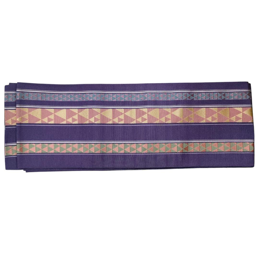 半幅帯ゆかたの帯長さ342cm幅15cm博多織正絹うろこ鱗柄横縞ボーダー灰紫色