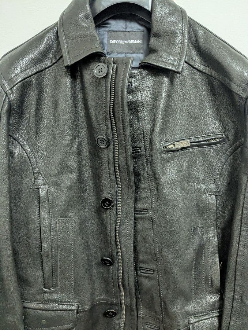 EMPORIO ARMANI ブラックレザー シングルライダースジャケット