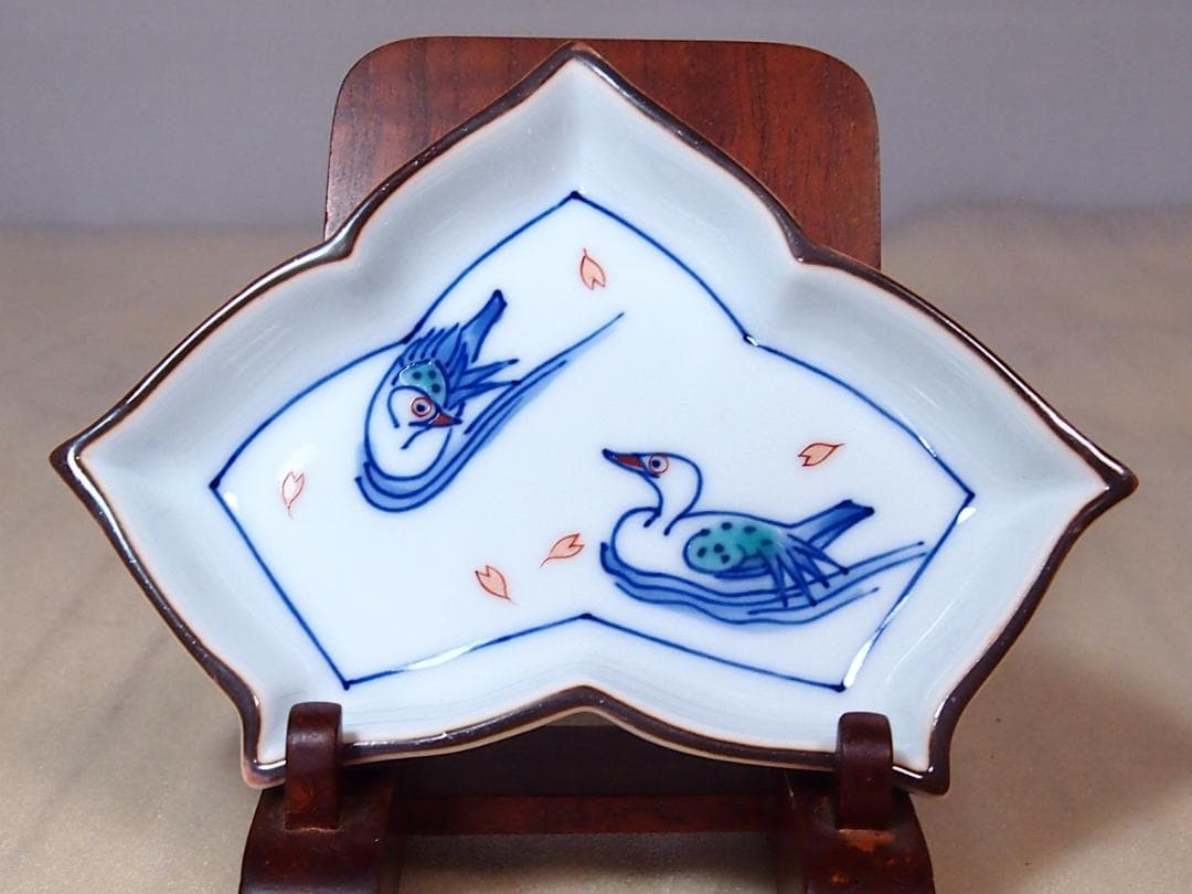【未使用】有田焼 十四代 辻常陸 染錦水鳥文 変形皿5客 銘々皿/菓子皿 茶道具