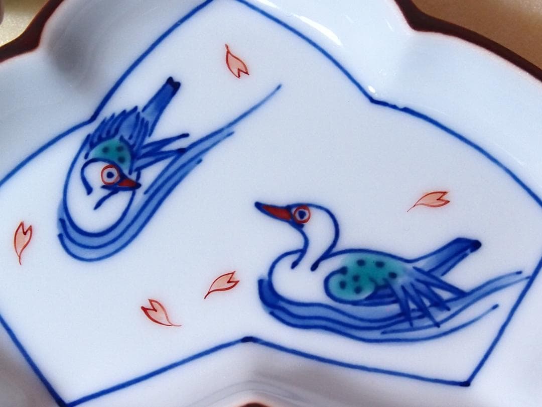 【未使用】有田焼 十四代 辻常陸 染錦水鳥文 変形皿5客 銘々皿/菓子皿 茶道具