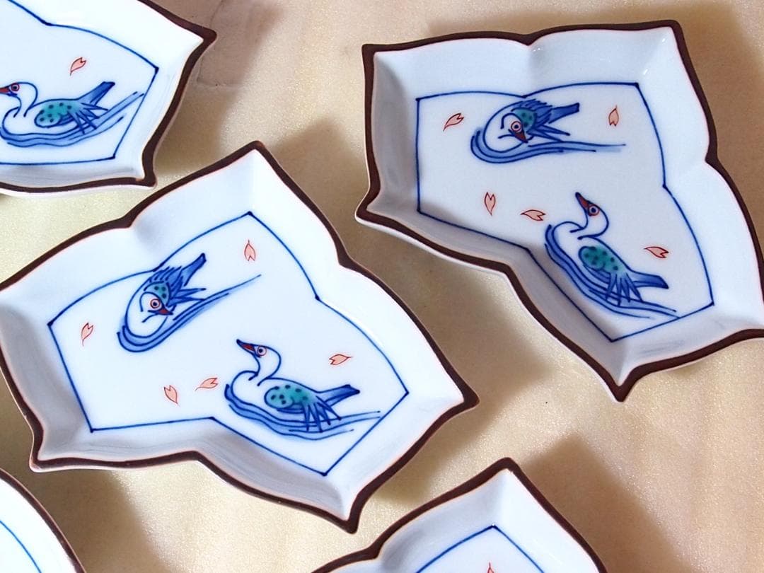 【未使用】有田焼 十四代 辻常陸 染錦水鳥文 変形皿5客 銘々皿/菓子皿 茶道具