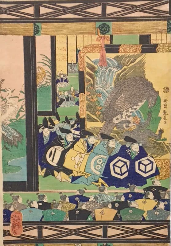 浮世絵版画、鎌倉殿中慶賀の圖三枚綴り、歌川芳艶画、文久元年出版