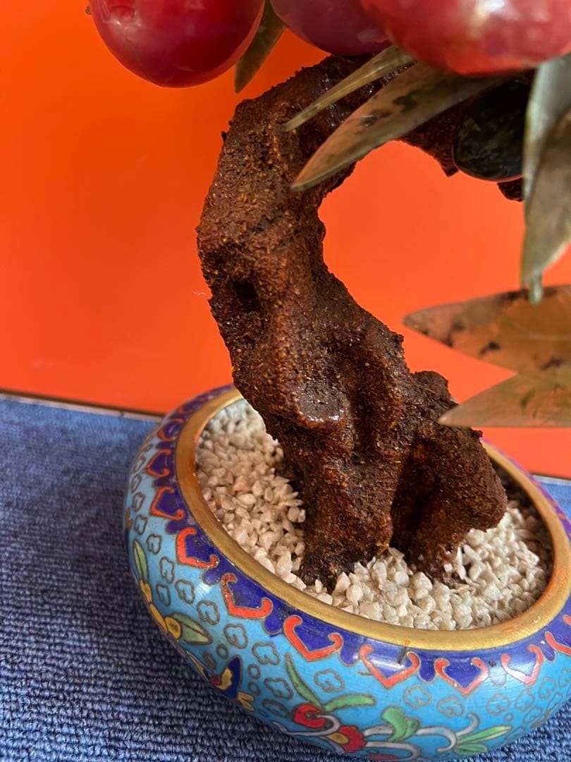 1184 中国美術　桃樹玉石　桃木玉石盆栽　景泰藍　石細工彫刻　置物