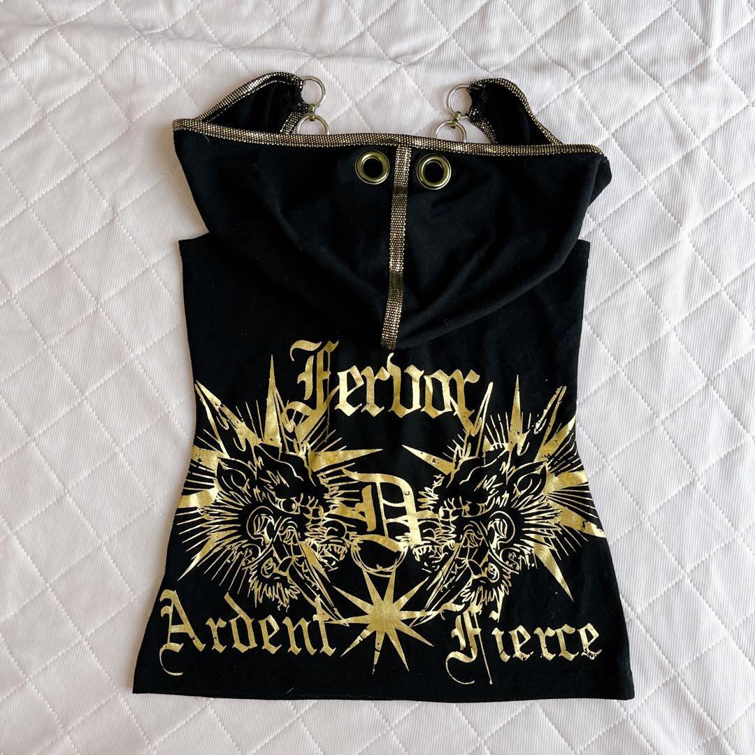 美品 d.i.a フード付き タンクトップ ブラック ゴールドプリント 黒