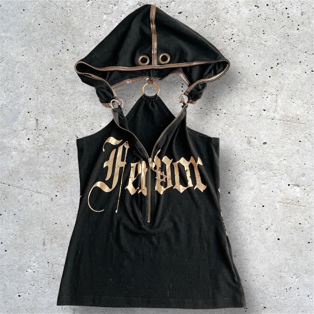 美品 d.i.a フード付き タンクトップ ブラック ゴールドプリント 黒