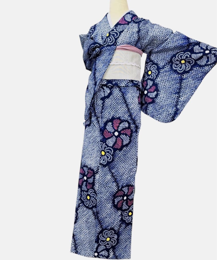 A84有松鳴海絞り 高級浴衣 花 綿　紺　美品　身丈165cm