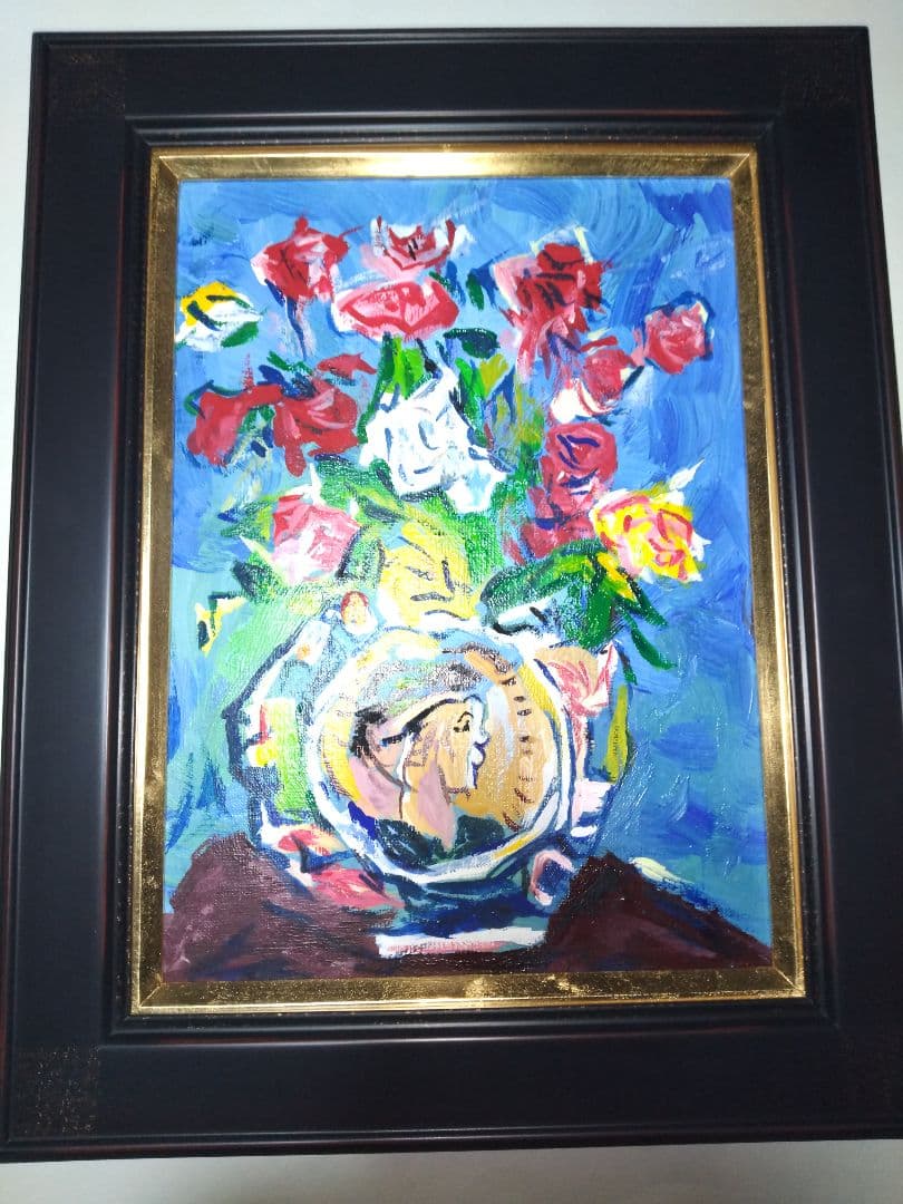 中川一政、絵画、油彩４号、薔薇、肉筆、新品額縁、片岡球子。