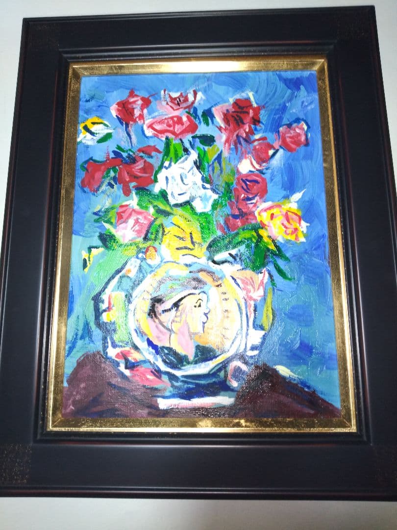 中川一政、絵画、油彩４号、薔薇、肉筆、新品額縁、片岡球子。