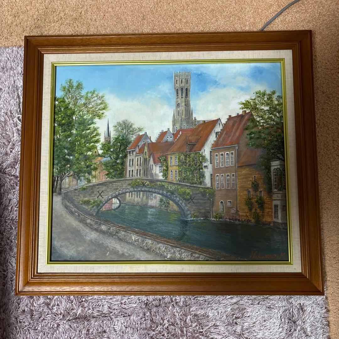 中村政邦作　プラハ風景画　クラシックブラウン額縁 金色ライン