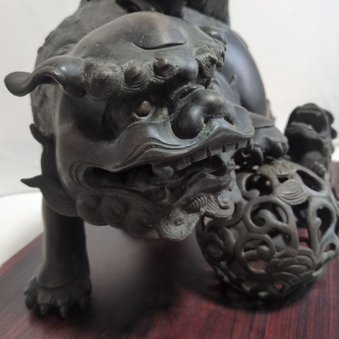 旧家　古い銅製　高炉　獅子　古銅宣徳銅　神獣　魔除　縁起物　彫金　玉獅子