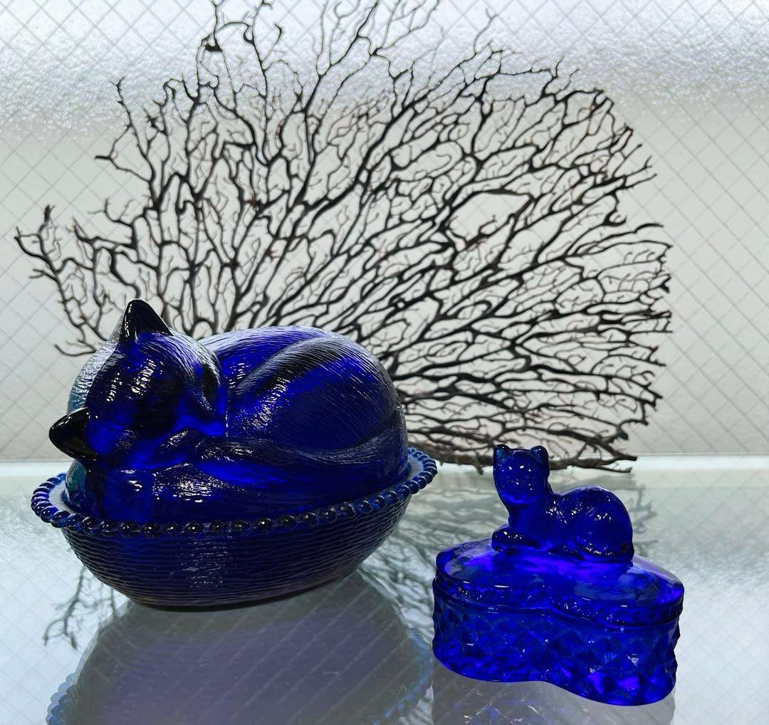 骨董　レトロガラス　希少コバルトブルー　瑠璃色ガラス　子猫　ボンボン入れ　菓子器