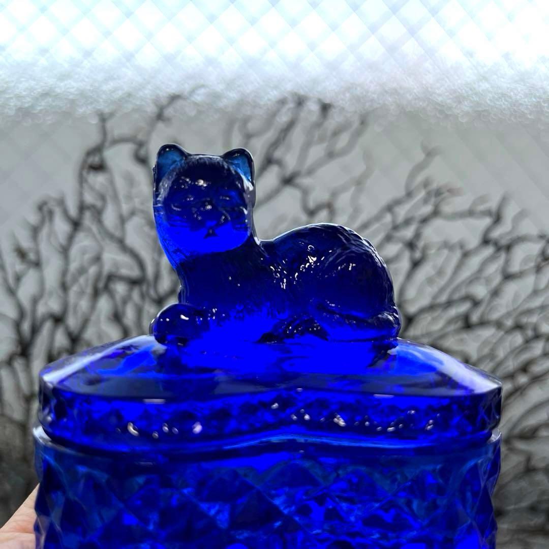 骨董　レトロガラス　希少コバルトブルー　瑠璃色ガラス　子猫　ボンボン入れ　菓子器