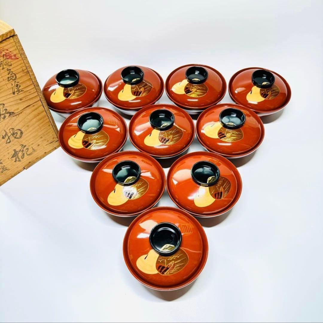漆器　輪島塗　木製　蒔絵　溜塗　吸物椀　蓋付椀　汁椀　10客　共箱
