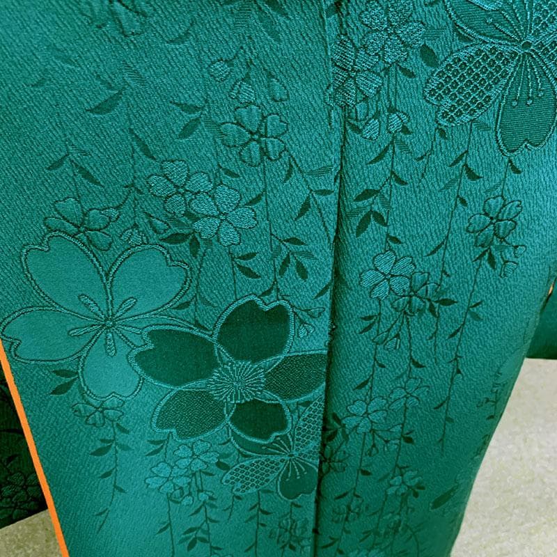 509z15.509y14.小物〇色無地 中振袖 桜 地紋 深緑 嘘つき袖付き〇