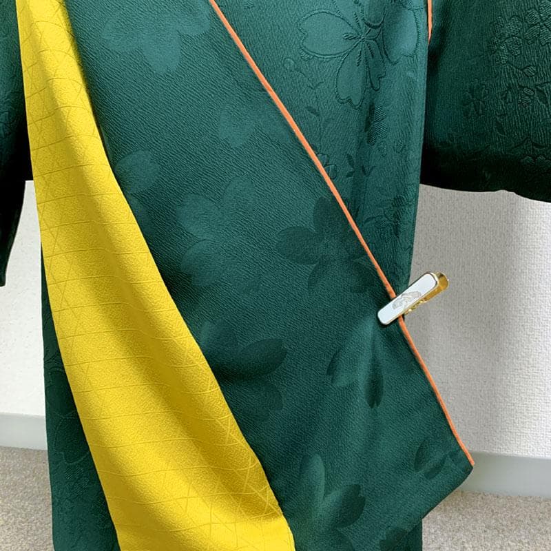 509z15.509y14.小物〇色無地 中振袖 桜 地紋 深緑 嘘つき袖付き〇