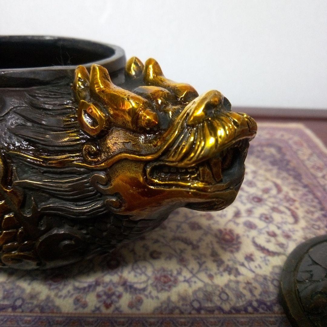 中国古玩　大明宜徳年製　金鍍金龍銅製　香炉