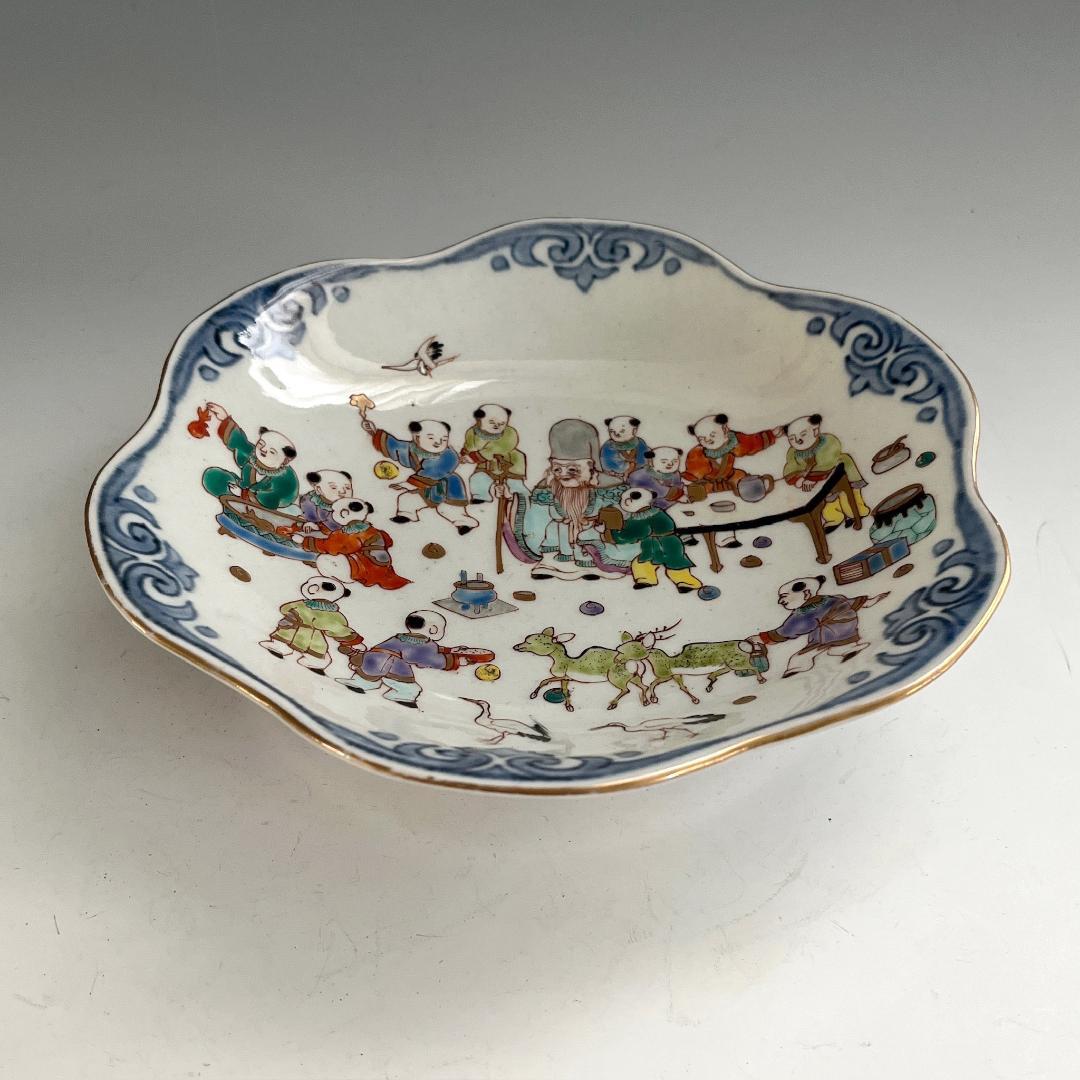 古伊万里 錦絵唐子文中鉢 肥蝶山栞岳造 款 有名小説家蒐集品 SN17