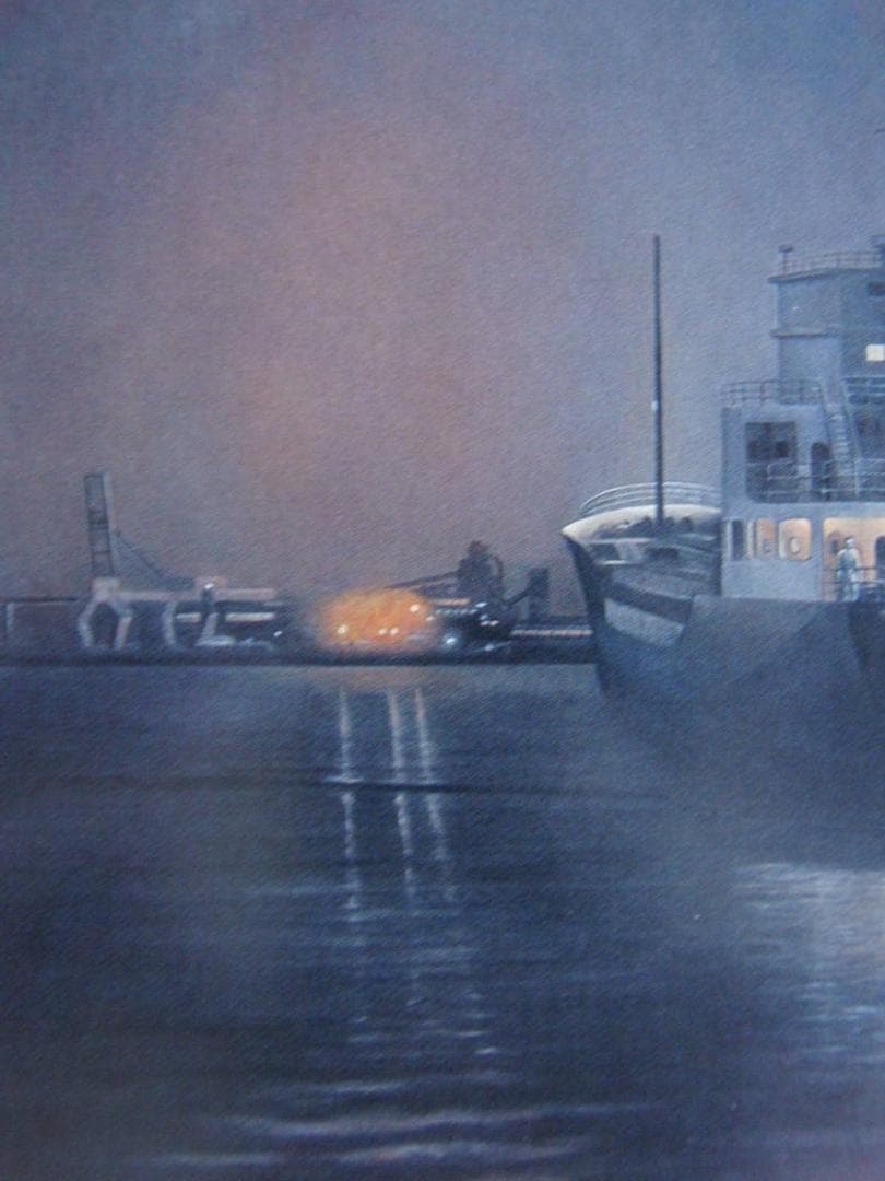 石井基善、【夜の千葉港】、希少な額装用画集より、新品額装付