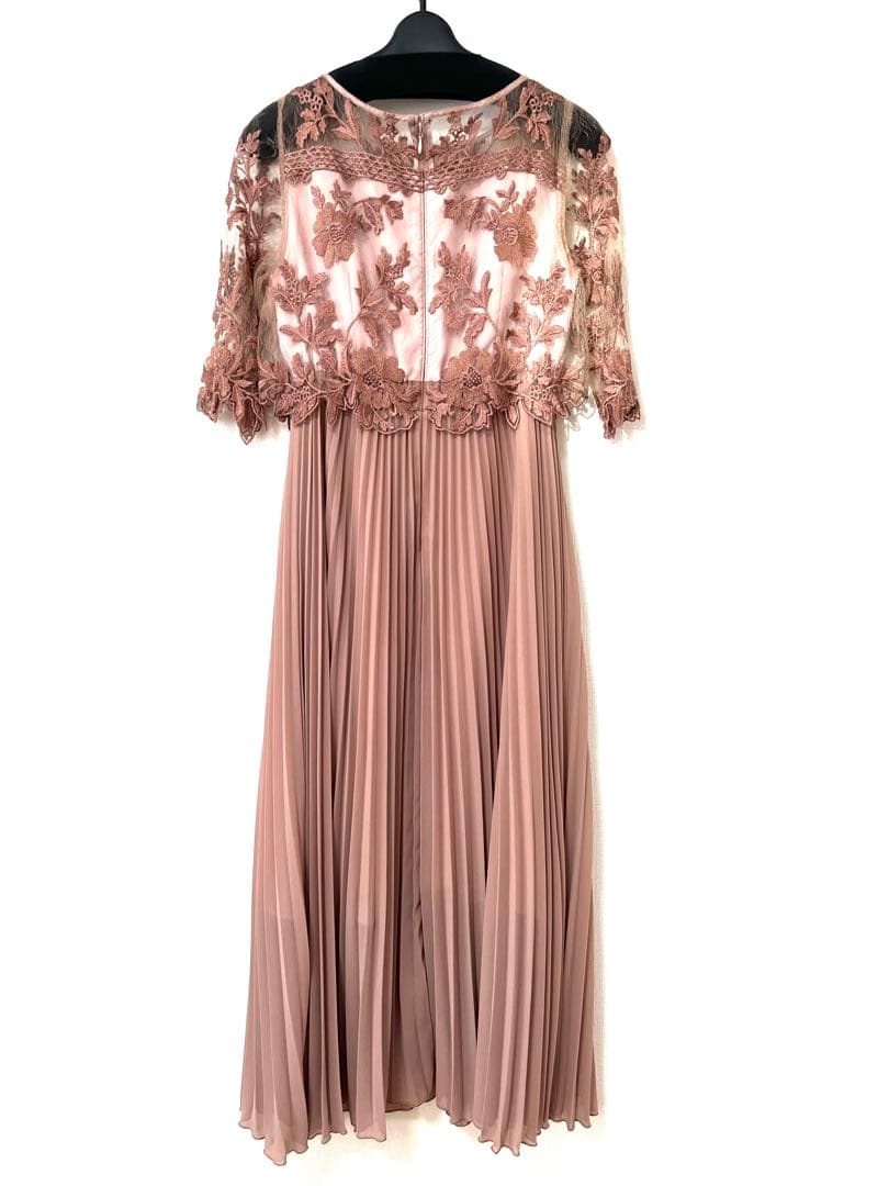 フラワー刺繍 レース 切り替え プリーツロング パーティー ドレス結婚式お呼ばれ