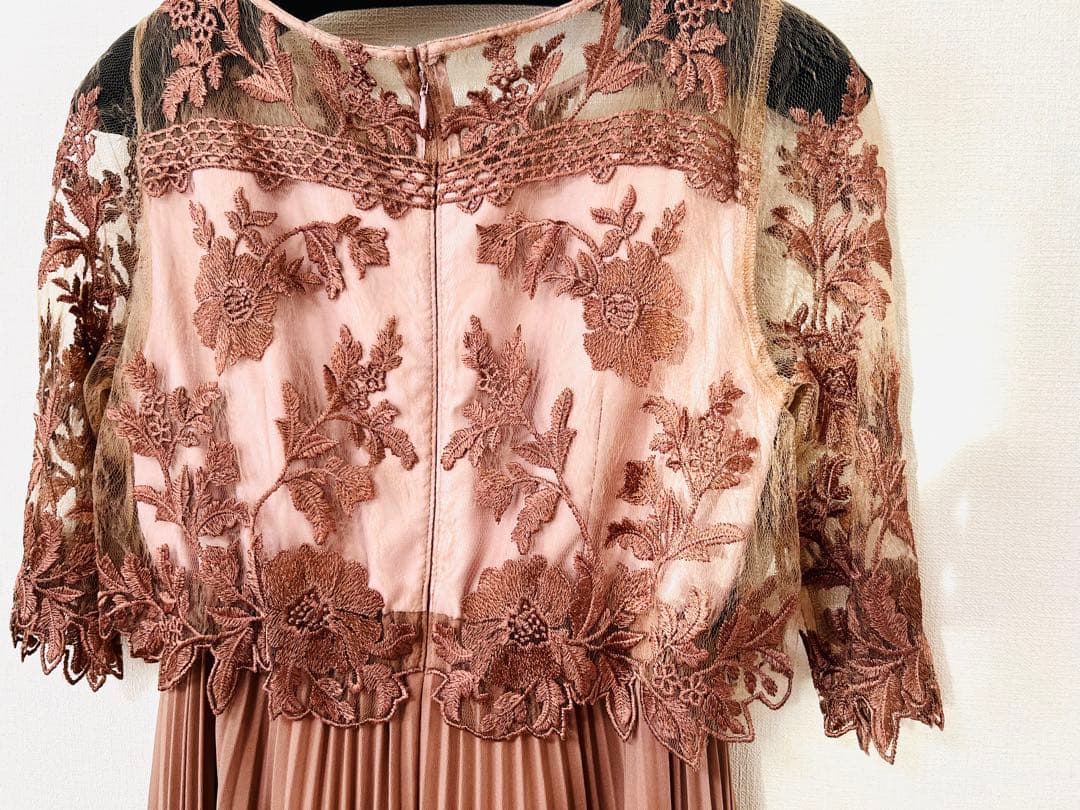 フラワー刺繍 レース 切り替え プリーツロング パーティー ドレス結婚式お呼ばれ