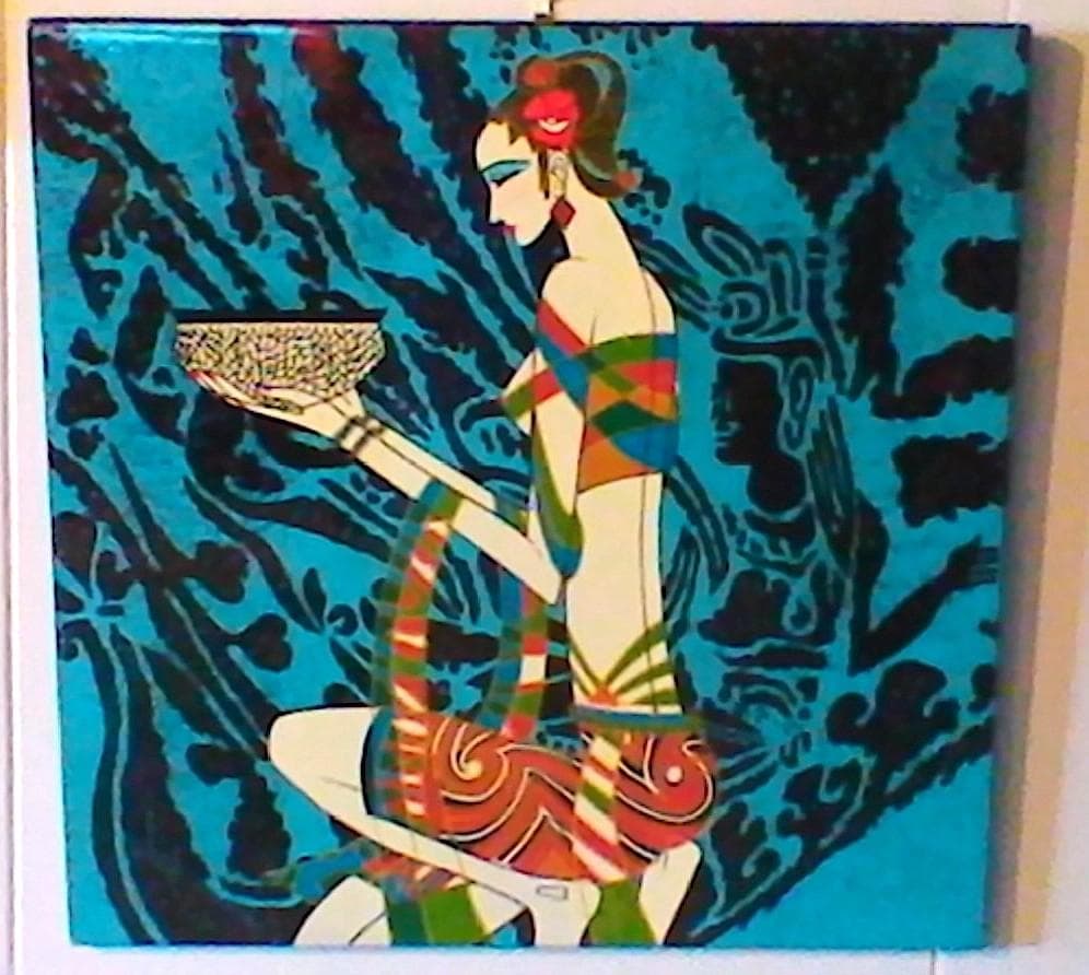 30cm 　托鉢女性と仏画　螺鈿細工貝殻アートタイル