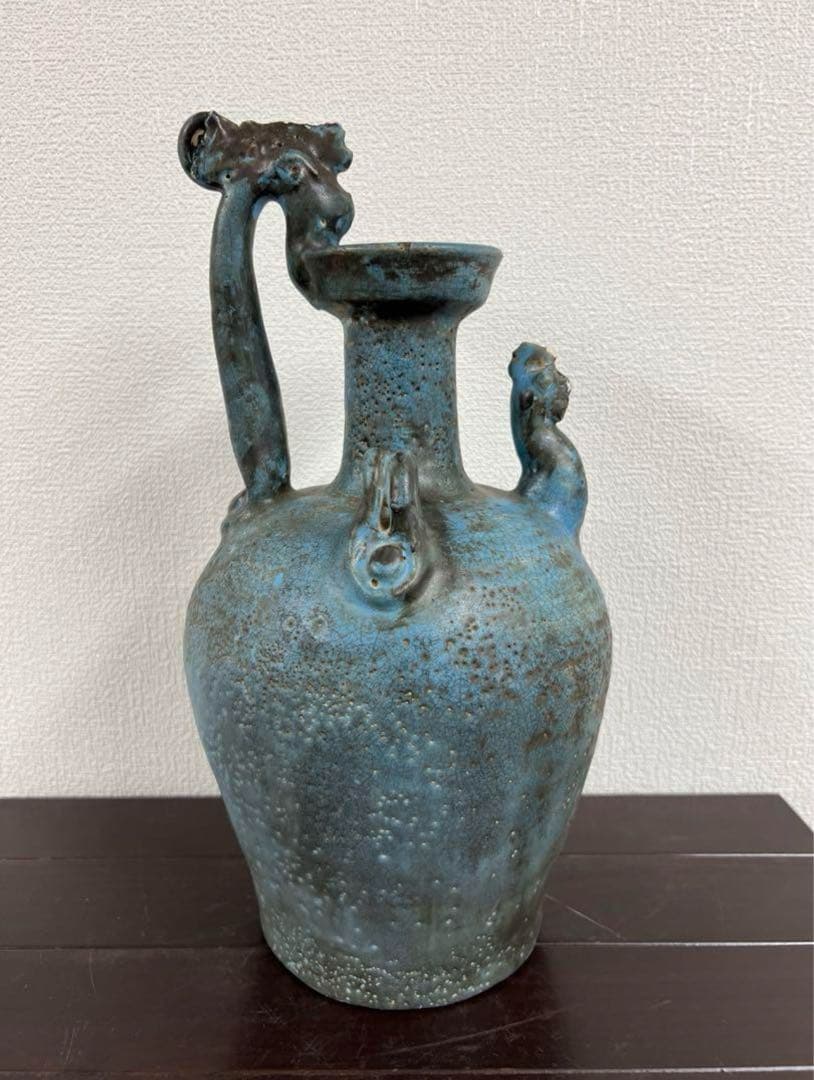 中国古美術　遼時代藍釉鶏首壷 青緑色の陶器壺古文化