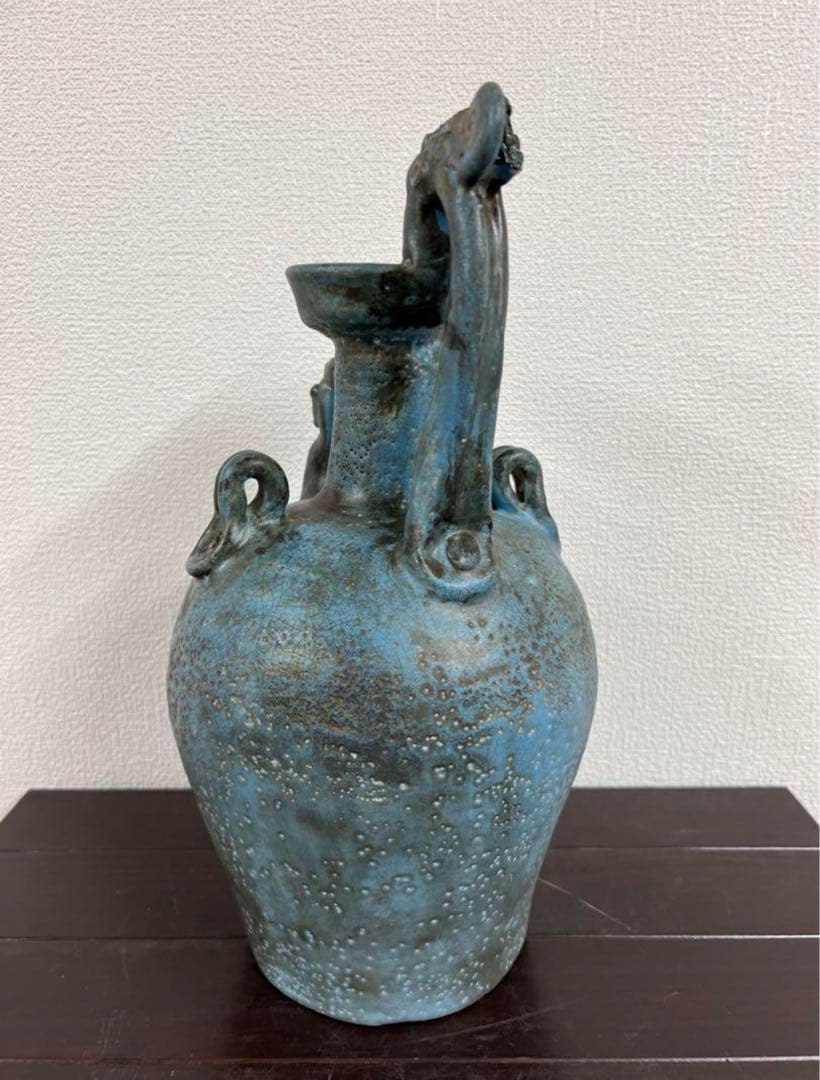 中国古美術　遼時代藍釉鶏首壷 青緑色の陶器壺古文化