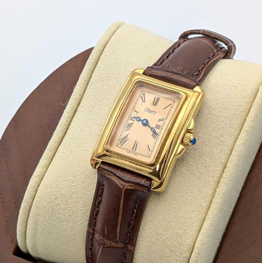 【新品電池】Obrey オブレイレディース タンク時計 レザー ベルト ゴールド