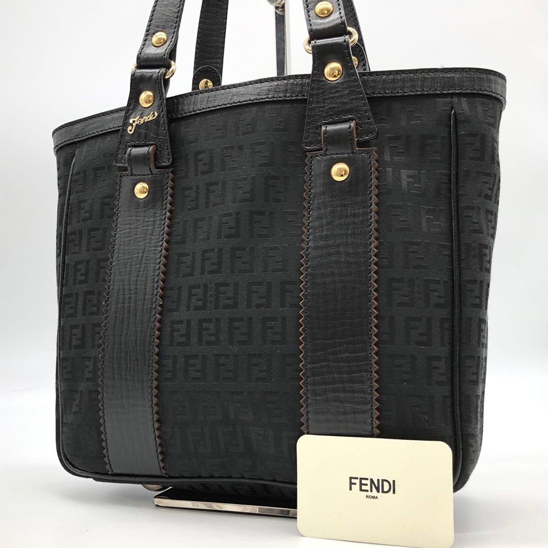 ✨極美品✨フェンディ ハンドバッグ ズッキーノ ロゴ金具 キャンバス レザー 黒