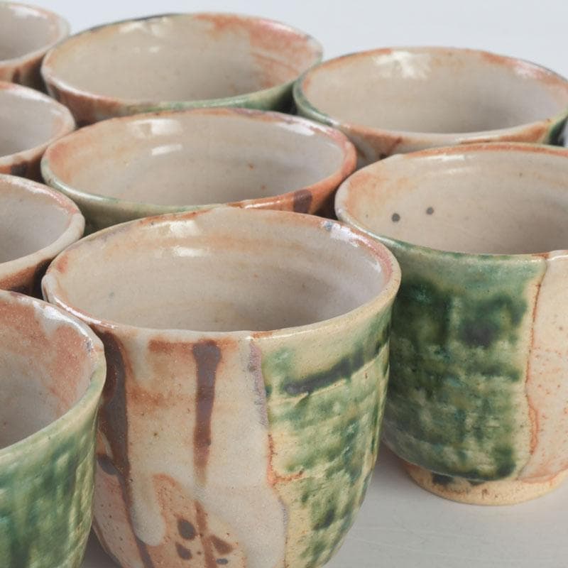 マサオ 煎茶道具　織部焼　煎茶碗　十客　陶印有　時代箱　V　9322