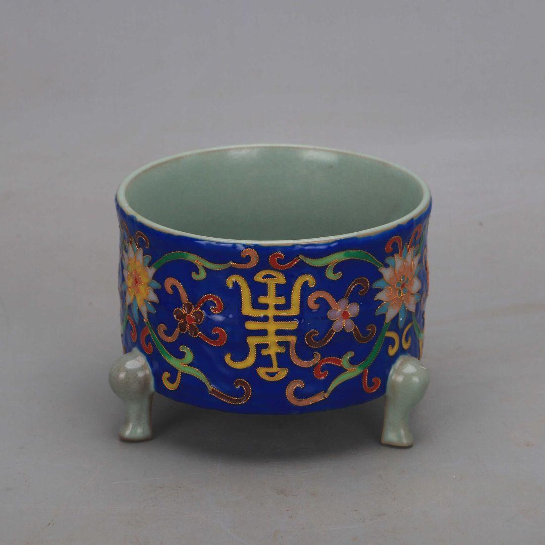 汝窯絞糸琺瑯彩寿字纏枝蓮三足玄紋香炉 景徳鎮 装飾品 現代工芸品 美術品 置物