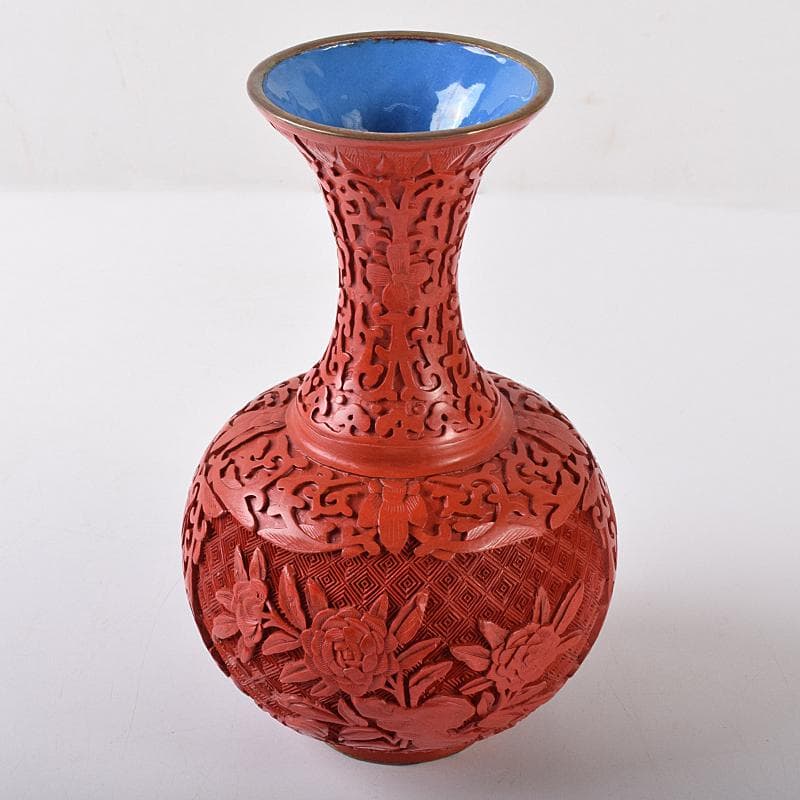 中国　剔紅　堆朱　内七宝　花文瓶　V　R7912