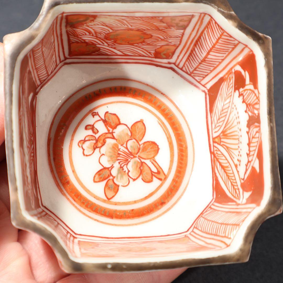 九谷赤絵　隅切　花図猪口５客　骨董　R1476wダC