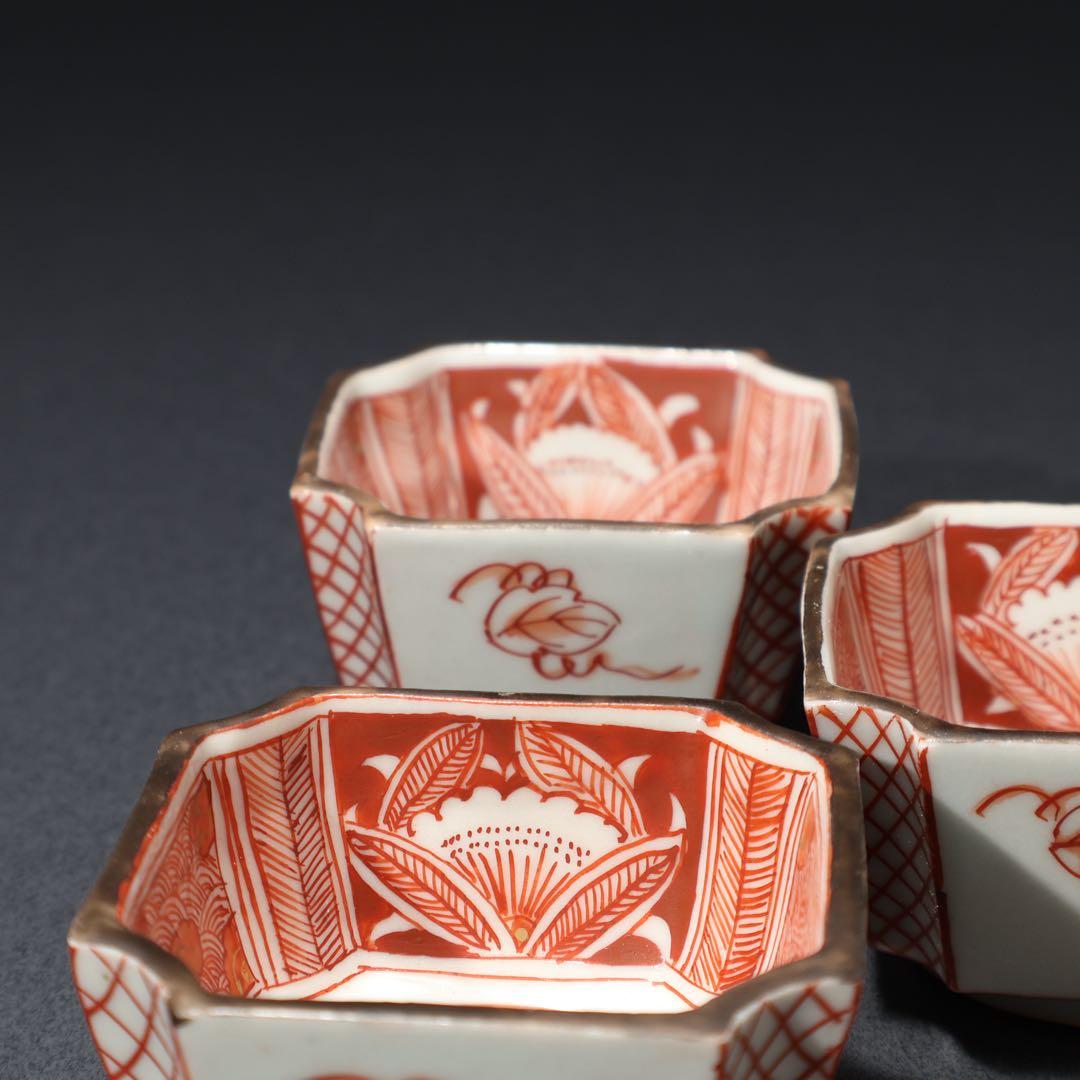 九谷赤絵　隅切　花図猪口５客　骨董　R1476wダC